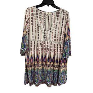Umgee Womens Boho Peasant Mini Dress L Multicolor  Lightweight GUC